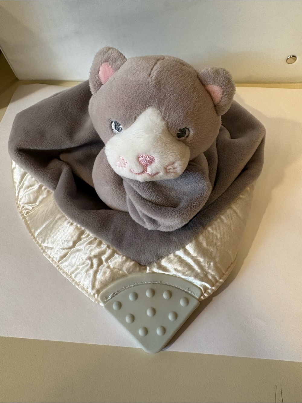 SALE! Gund Gray Kitty Lovey blanket with Cream Satin Corner and Teether